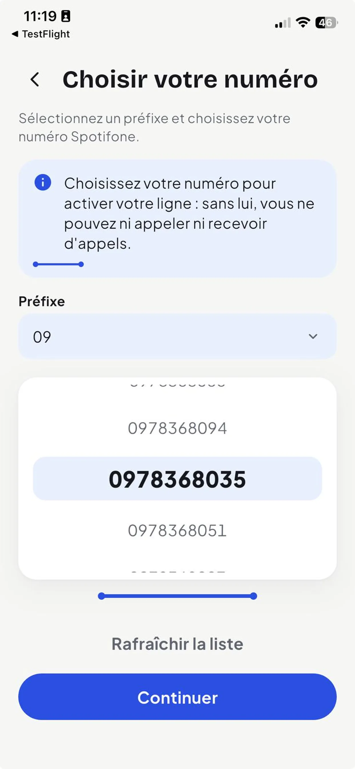 Écran de choix du numéro professionnel parmi une liste de numéros 09