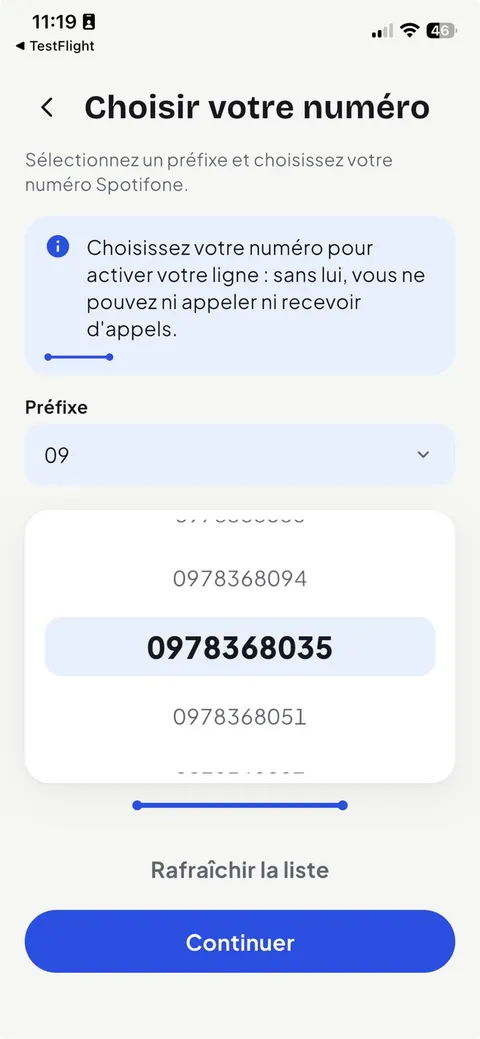 Choix du numéro professionnel dans l’application Spotifone