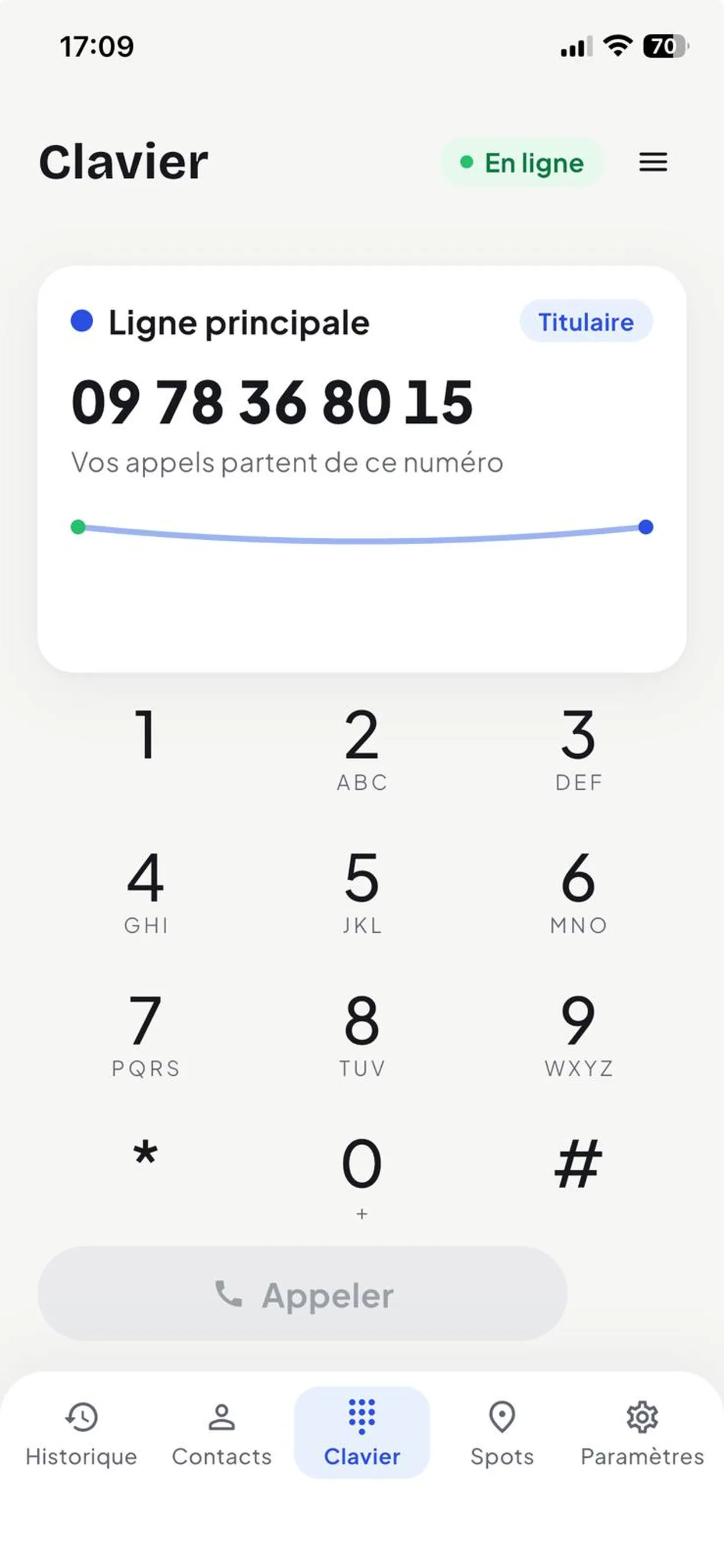 Écran clavier de Spotifone avec la ligne principale 09 78 36 80 15 en ligne