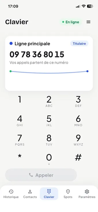 Application mobile Spotifone : clavier et ligne principale