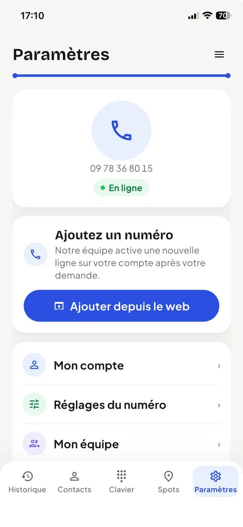 Paramètres : lignes, équipe et réglages du numéro