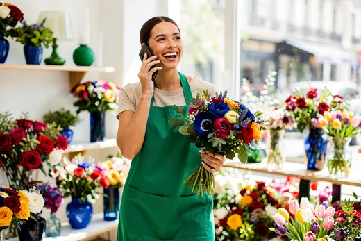 Fleuriste au téléphone en préparant un bouquet dans sa boutique